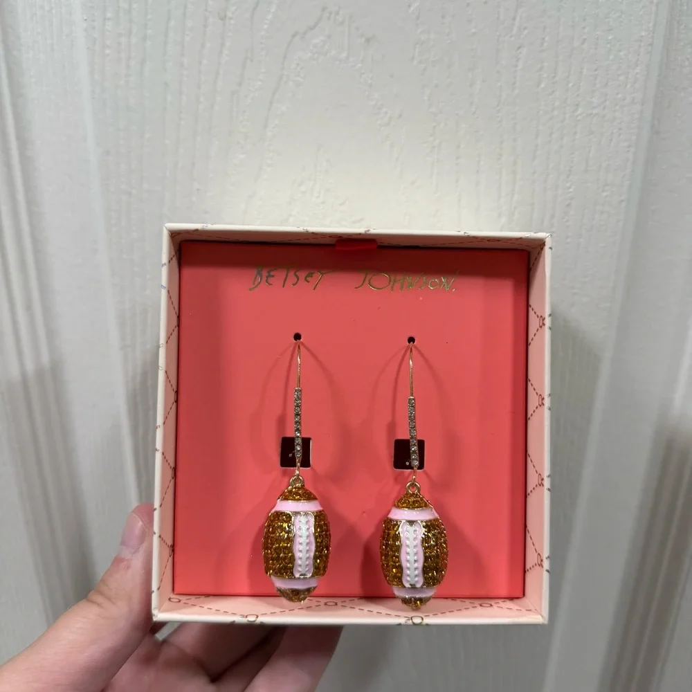 NEW Betsey Johnson Rhinestone Studded Football Dangle Earrings - Picture 3 of 4